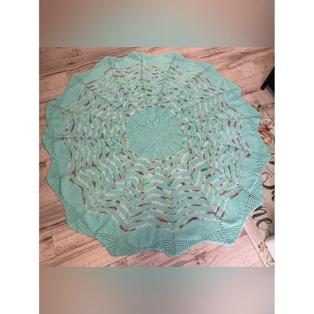 Afghan Star blanket Handmade Round Crochet/Shawl Throw Seafoam Multicolor Accent